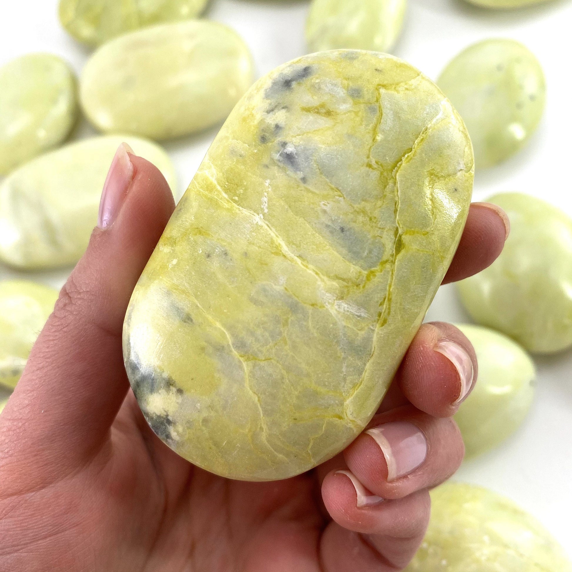 Serpentine Palm stone, yellow serpentine palmstone, pocket stone, worry stone, serpentine