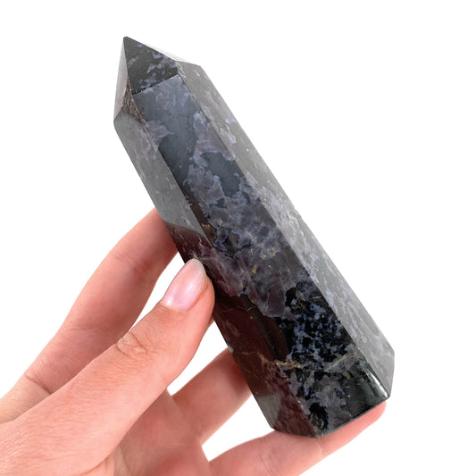 Indigo Gabbro Point, merlinite point, Gabbro Palm stone, Merlinite tower, Indigo Gabbro, crystal point
