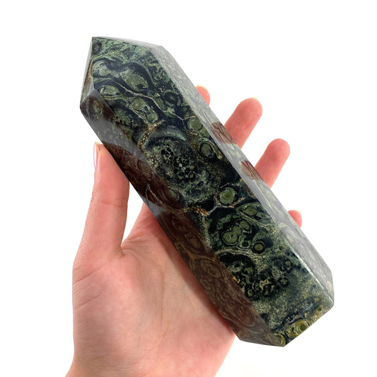 Kambaba Jasper Point, kambaba jasper tower, crystal point, green crystal, orbicular jasper, kambaba jasper