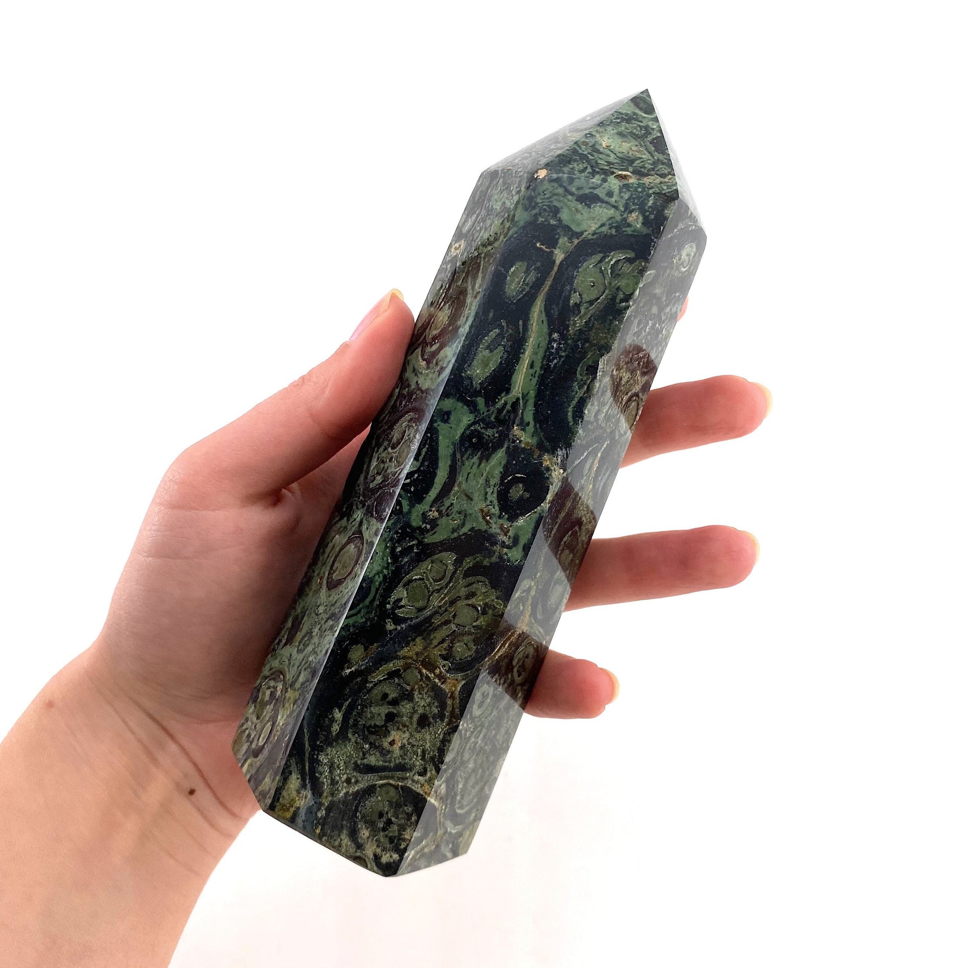 Kambaba Jasper Point, kambaba jasper tower, crystal point, green crystal, orbicular jasper, kambaba jasper