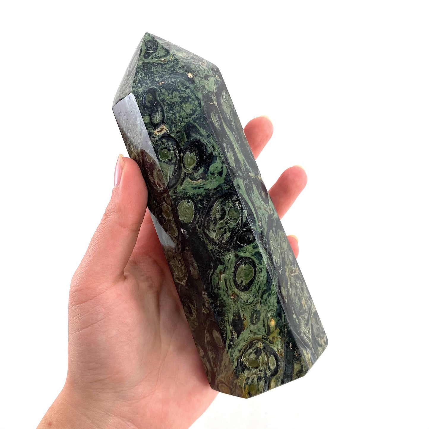 Kambaba Jasper Point, kambaba jasper tower, crystal point, green crystal, orbicular jasper, kambaba jasper