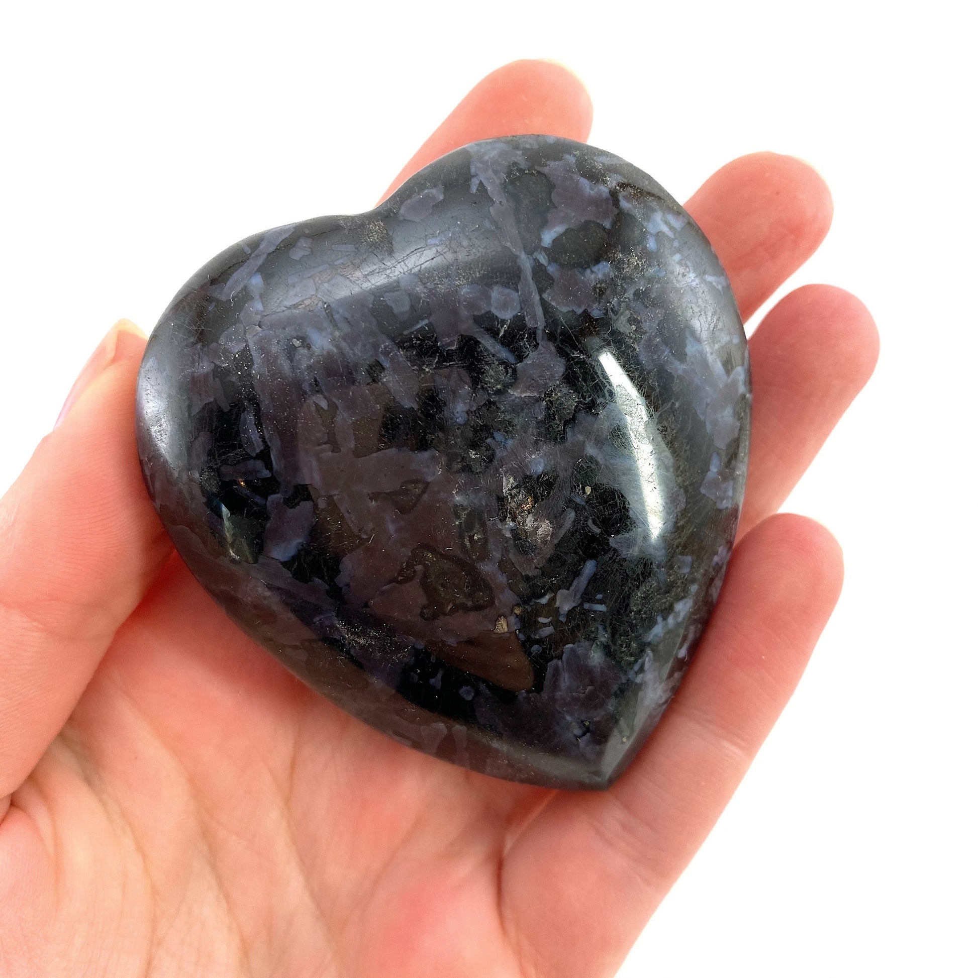 Indigo Gabbro Heart, merlinite heart, Gabbro Palm stone, Merlinite palm stone, Indigo Gabbro, crystal heart