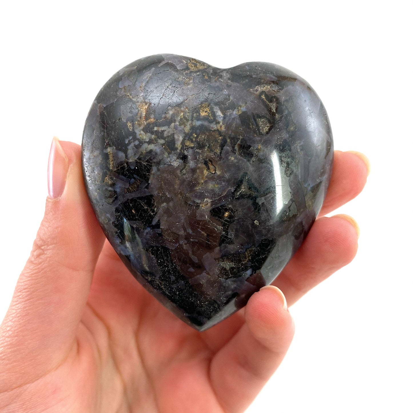 Indigo Gabbro Heart, merlinite heart, Gabbro Palm stone, Merlinite palm stone, Indigo Gabbro, crystal heart