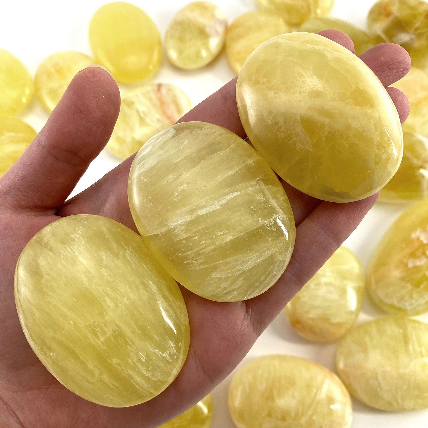 Lemon Calcite Palm Stone | Polished Yellow Crystal Worry Stone (Solar Plexus Chakra)