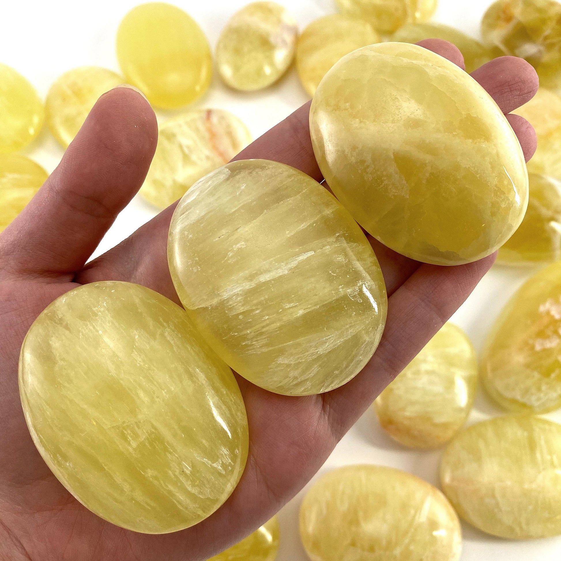 Lemon Calcite Palm Stone | Polished Yellow Crystal Worry Stone (Solar Plexus Chakra)