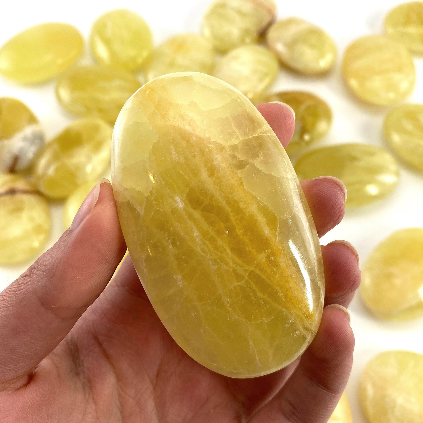 Lemon Calcite Palm Stone | Polished Yellow Crystal Worry Stone (Solar Plexus Chakra)