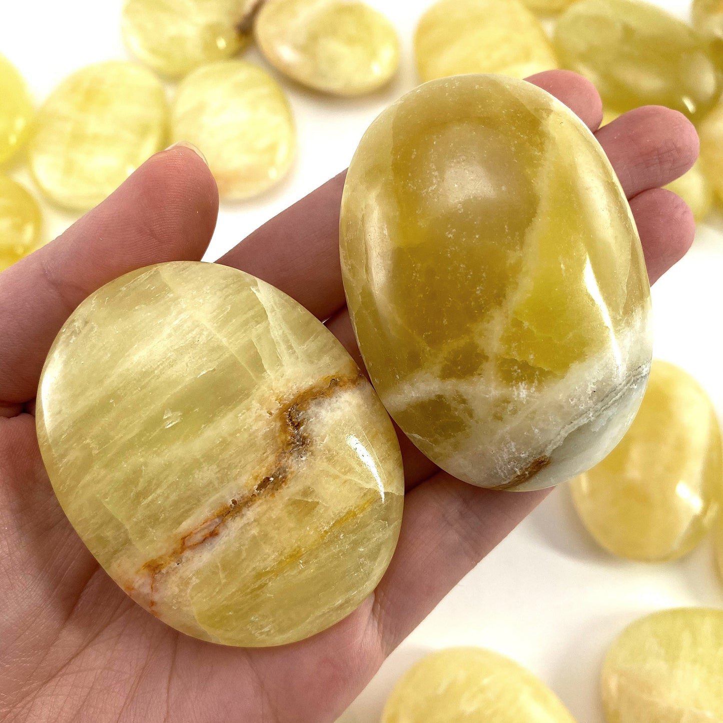 Lemon Calcite Palm Stone | Polished Yellow Crystal Worry Stone (Solar Plexus Chakra)
