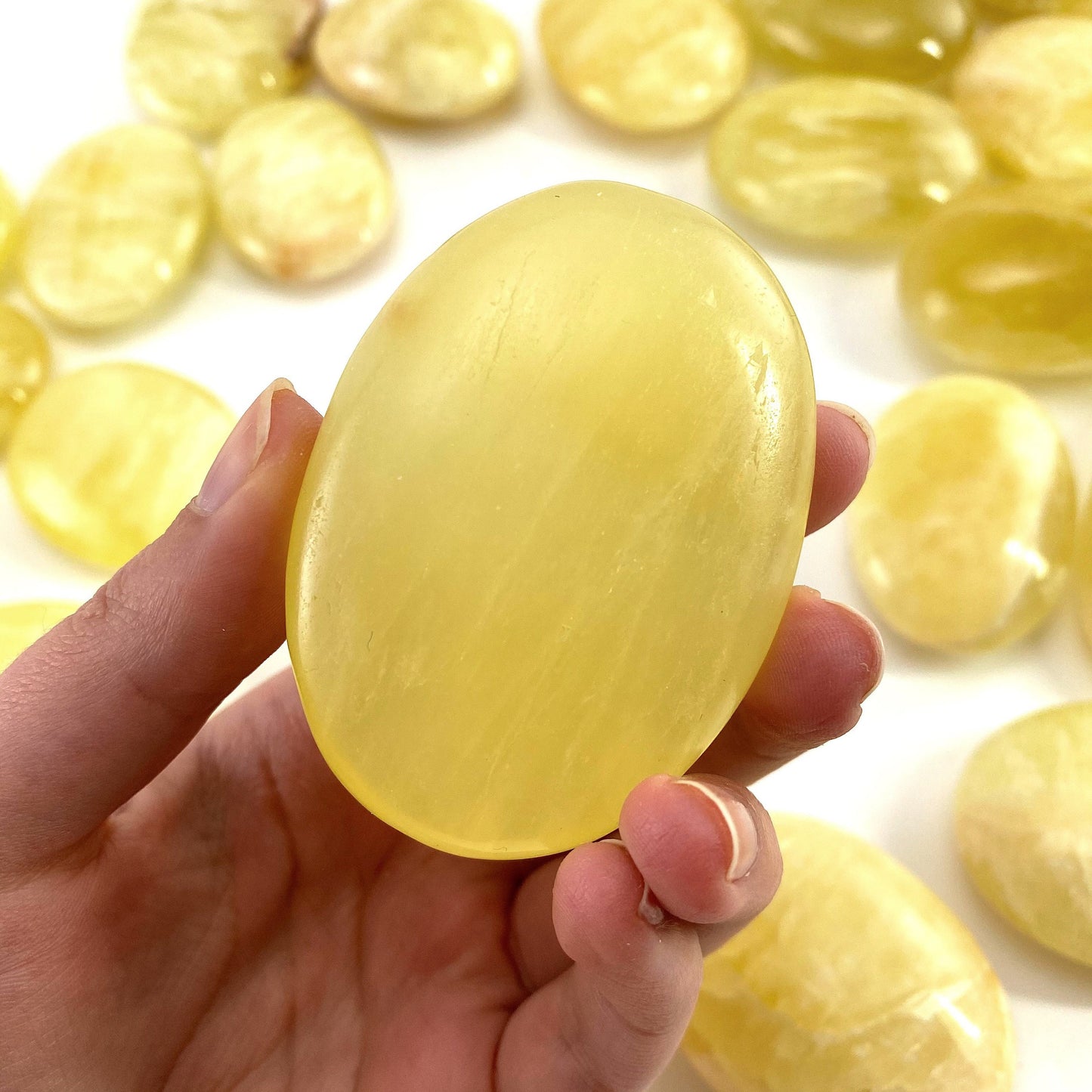 Lemon Calcite Palm Stone | Polished Yellow Crystal Worry Stone (Solar Plexus Chakra)
