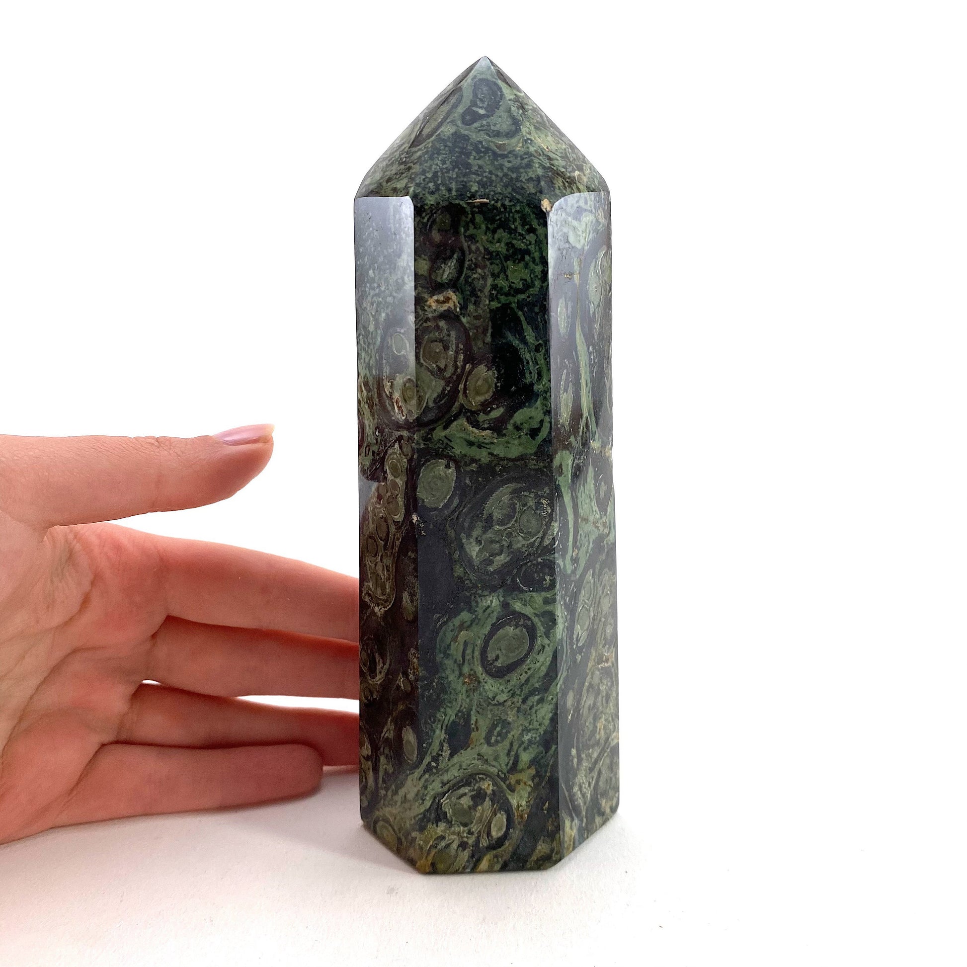 Kambaba Jasper Point, kambaba jasper tower, crystal point, green crystal, orbicular jasper, kambaba jasper