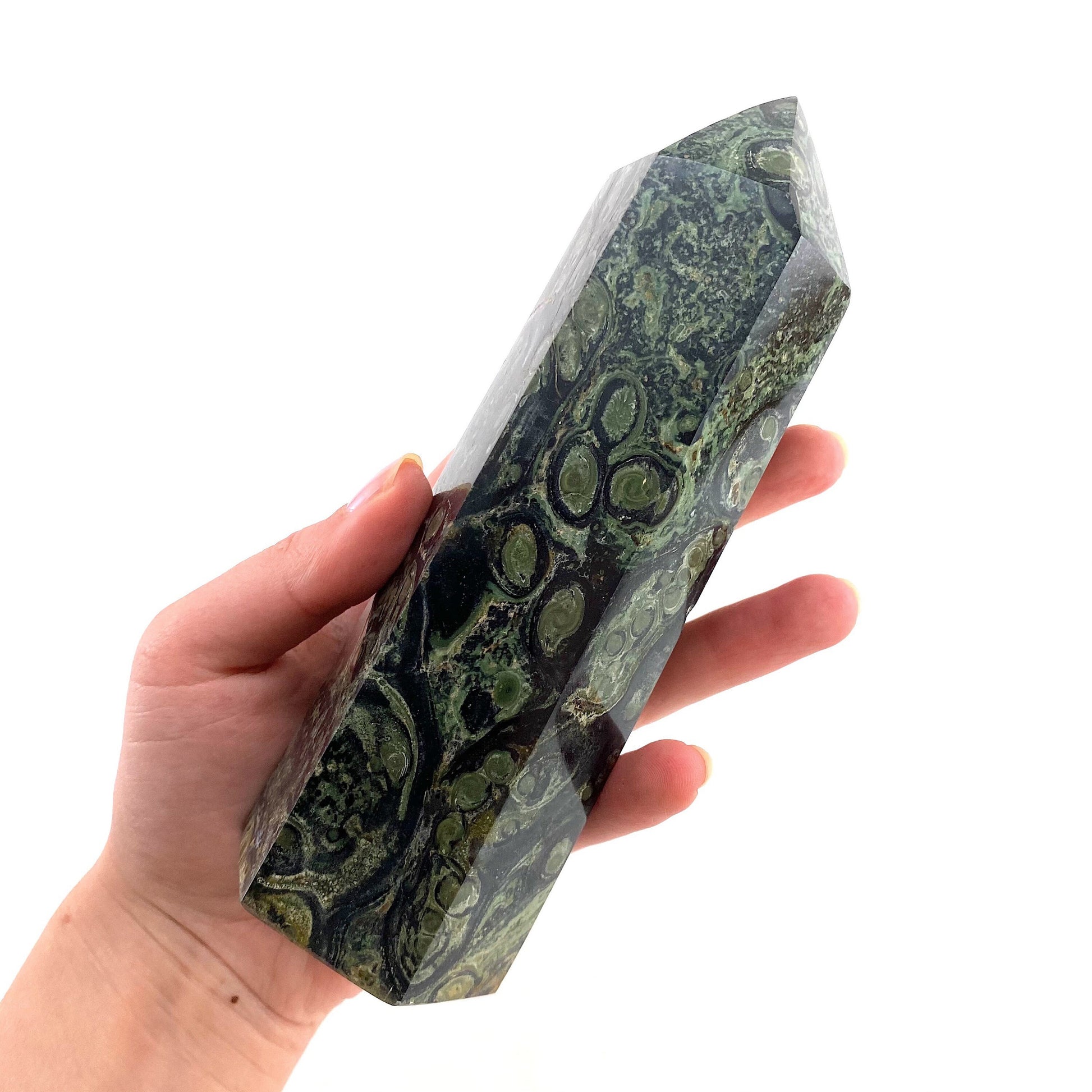 Kambaba Jasper Point, kambaba jasper tower, crystal point, green crystal, orbicular jasper, kambaba jasper