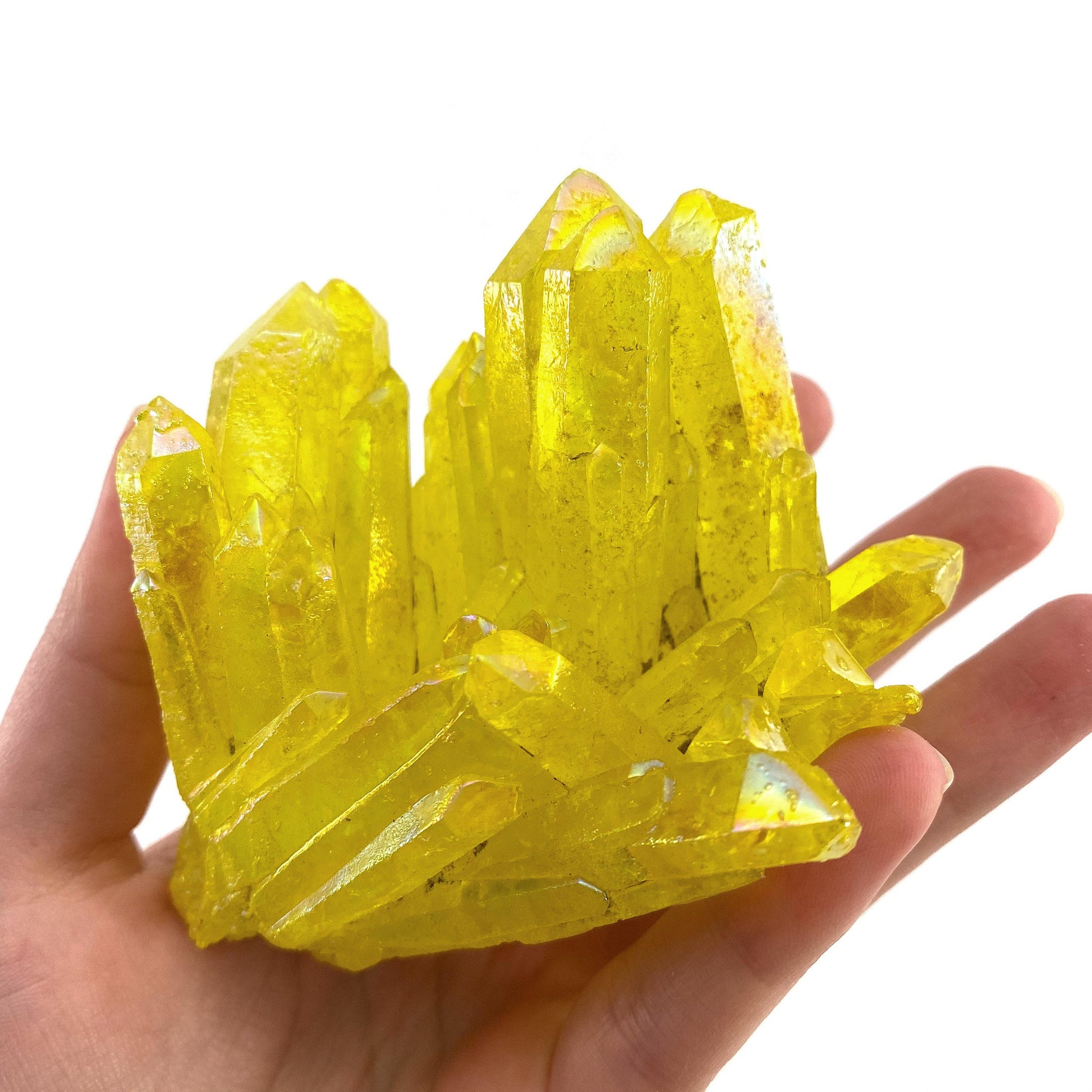 Lemon Aura Crystal Cluster, yellow aura quartz crystal