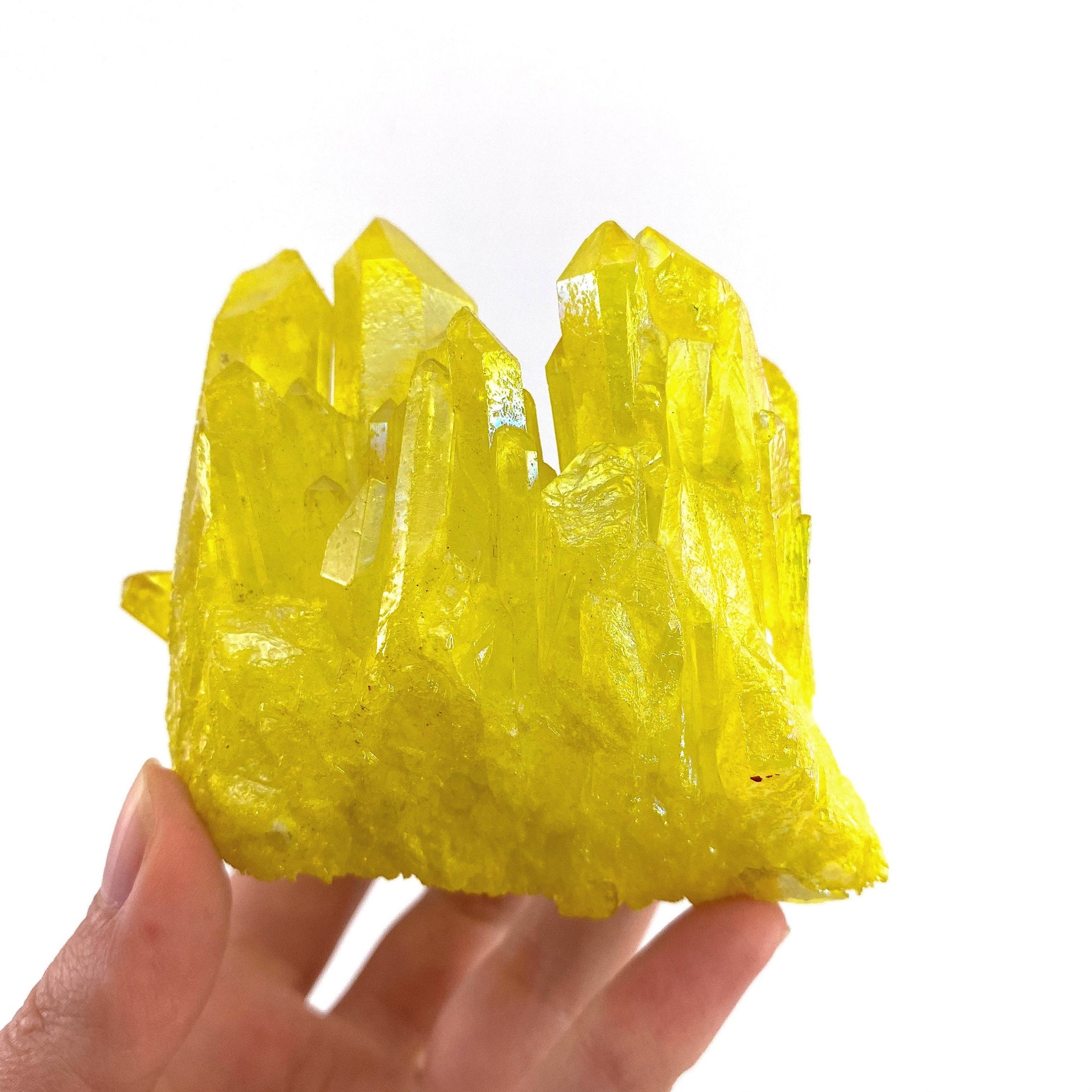 Lemon Aura Crystal Cluster, yellow aura quartz crystal