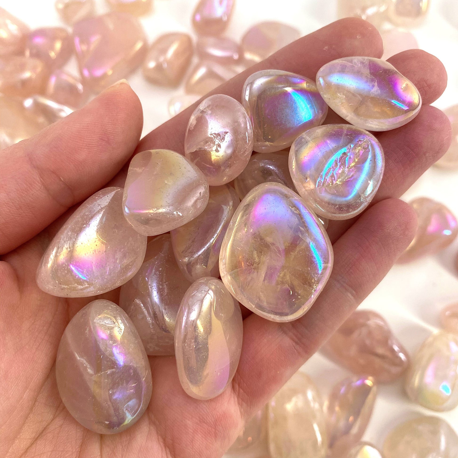 ONE tumbled angel aura rose quartz, aura rose quartz, polished angel aura rose quartz, angel aura quartz tumble, rainbow aura crystal