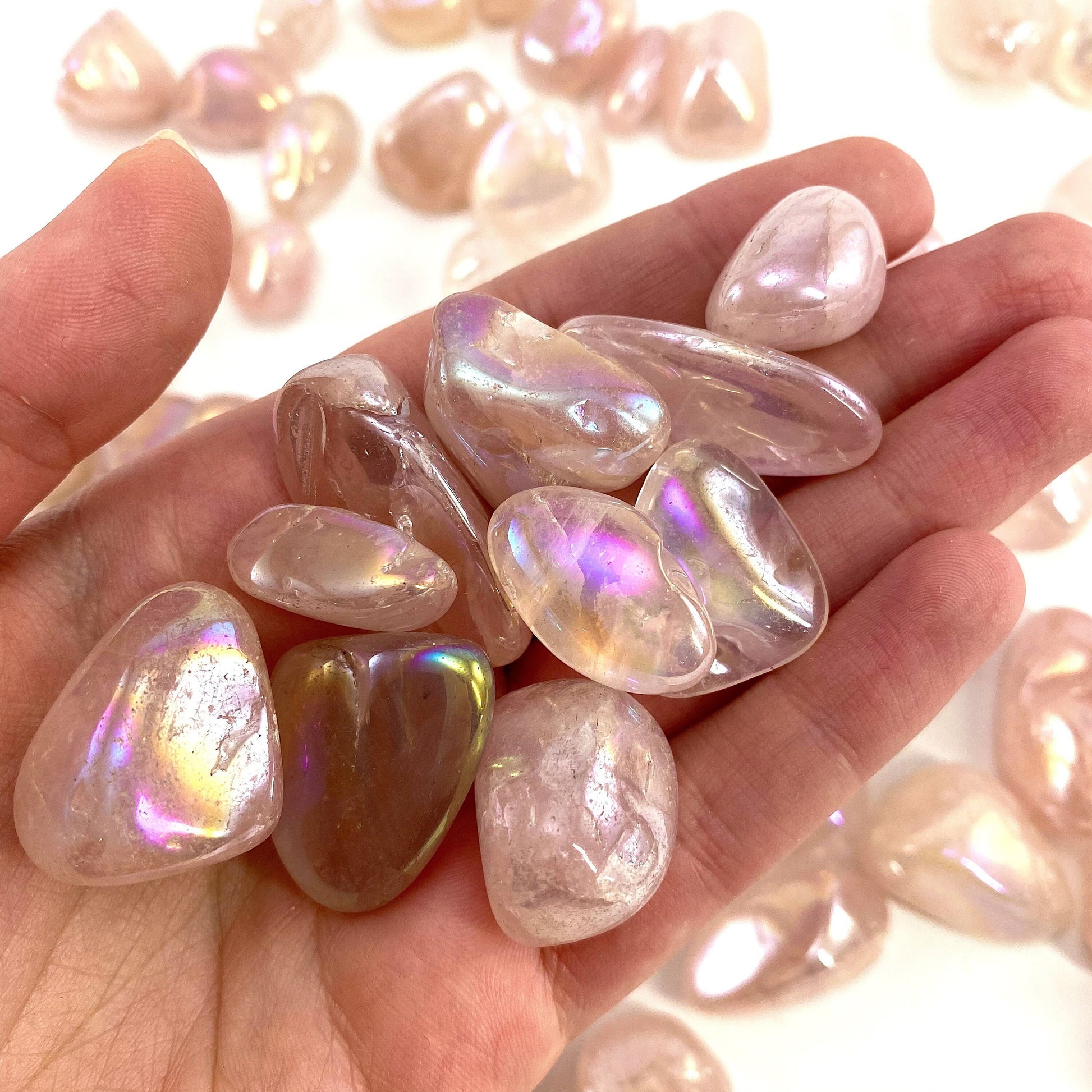 ONE tumbled angel aura rose quartz, aura rose quartz, polished angel aura rose quartz, angel aura quartz tumble, rainbow aura crystal
