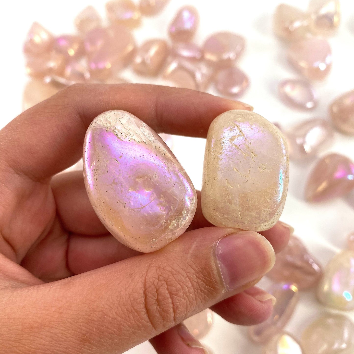 ONE tumbled angel aura rose quartz, aura rose quartz, polished angel aura rose quartz, angel aura quartz tumble, rainbow aura crystal