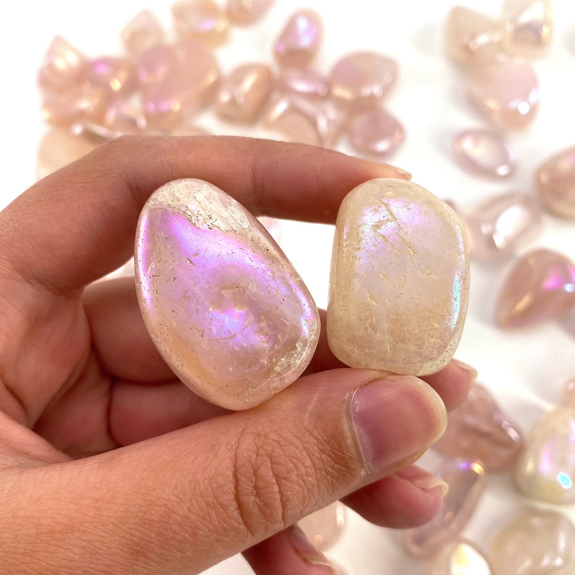 ONE tumbled angel aura rose quartz, aura rose quartz, polished angel aura rose quartz, angel aura quartz tumble, rainbow aura crystal