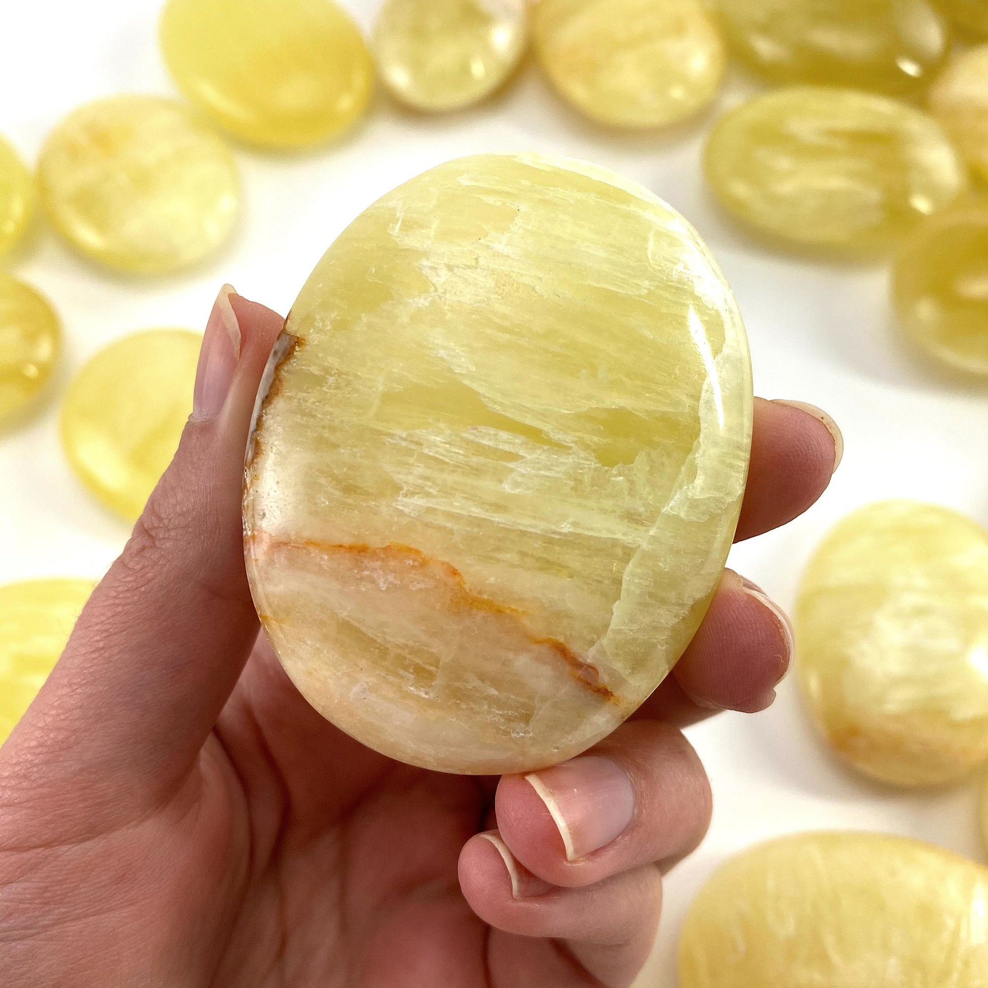 Lemon Calcite Palm Stone | Polished Yellow Crystal Worry Stone (Solar Plexus Chakra)