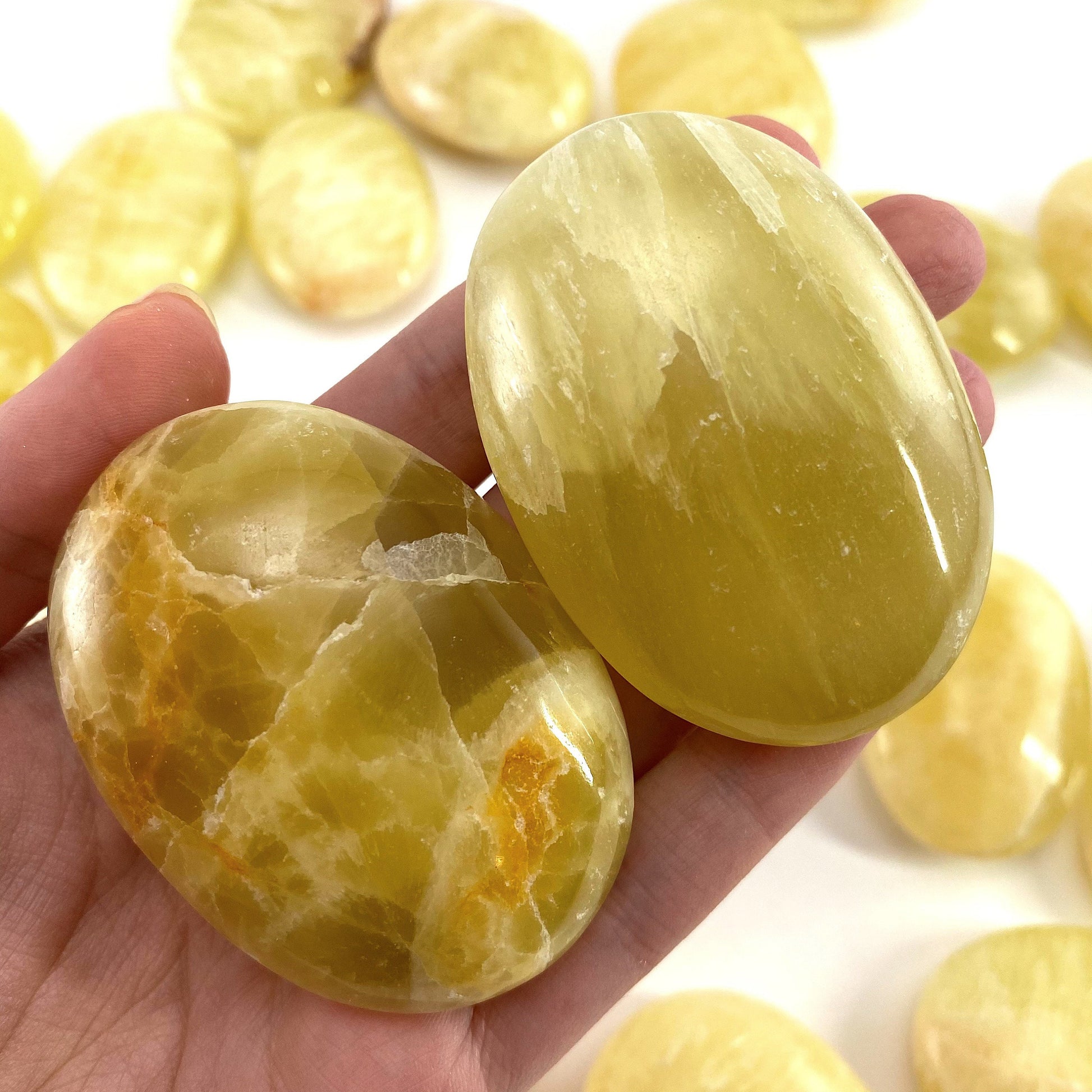 Lemon Calcite Palm Stone | Polished Yellow Crystal Worry Stone (Solar Plexus Chakra)
