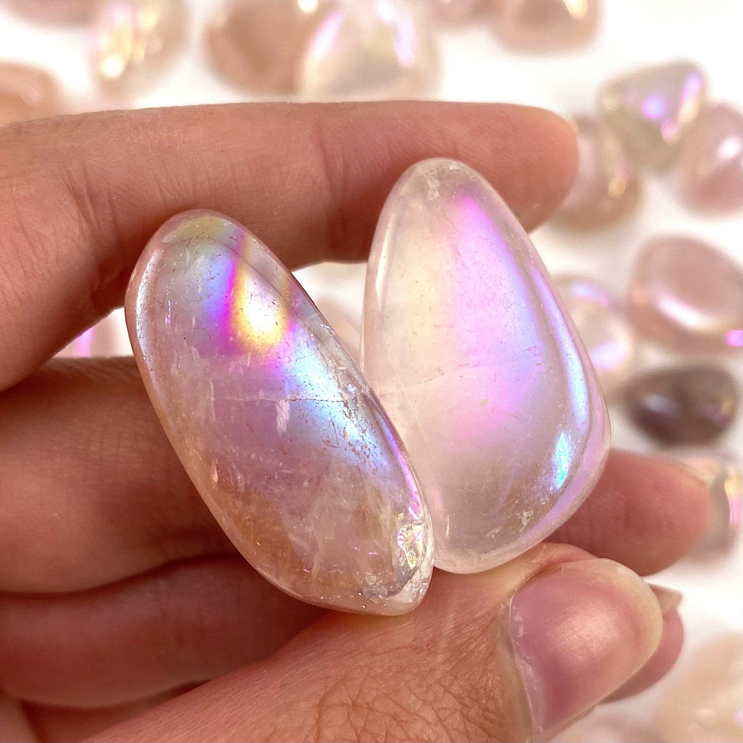 ONE tumbled angel aura rose quartz, aura rose quartz, polished angel aura rose quartz, angel aura quartz tumble, rainbow aura crystal