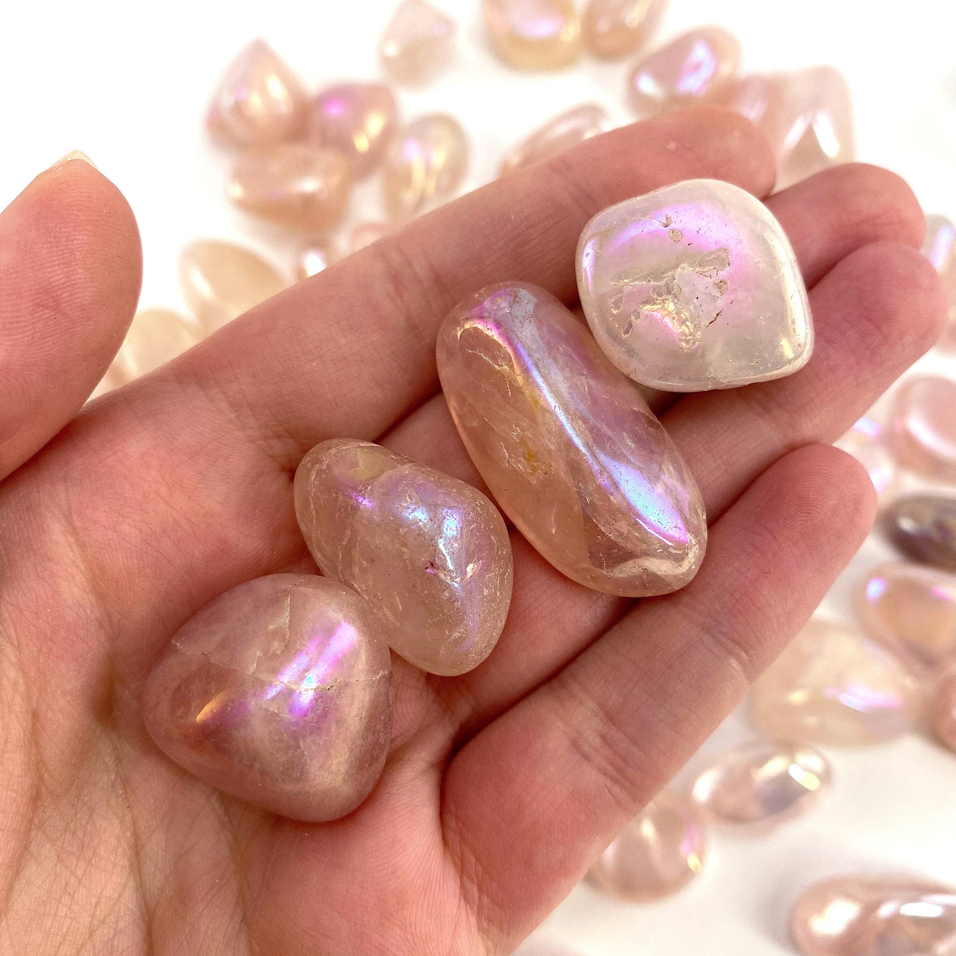 ONE tumbled angel aura rose quartz, aura rose quartz, polished angel aura rose quartz, angel aura quartz tumble, rainbow aura crystal
