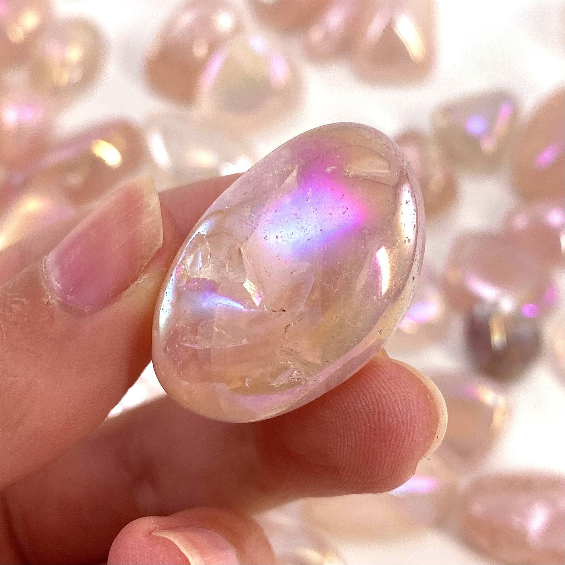 ONE tumbled angel aura rose quartz, aura rose quartz, polished angel aura rose quartz, angel aura quartz tumble, rainbow aura crystal