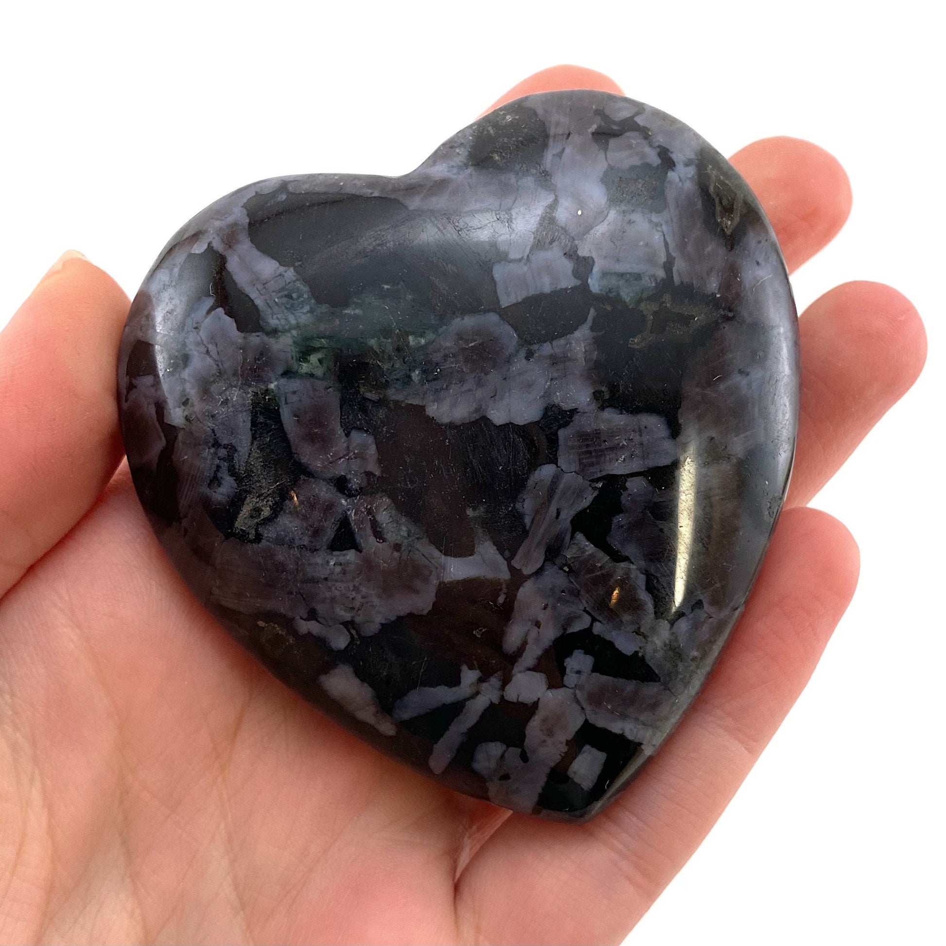 Indigo Gabbro Heart, merlinite heart, Gabbro Palm stone, Merlinite palm stone, Indigo Gabbro, crystal heart