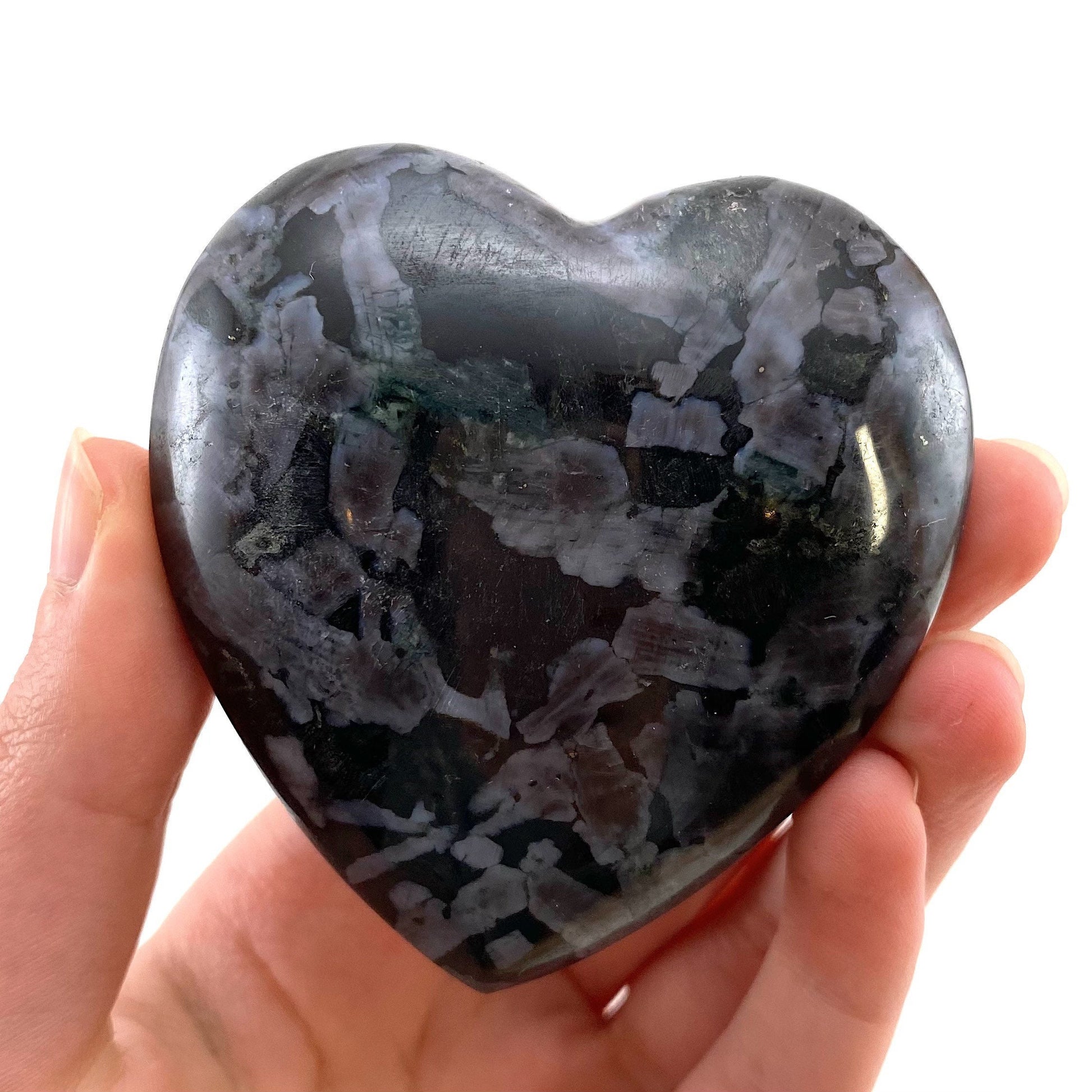 Indigo Gabbro Heart, merlinite heart, Gabbro Palm stone, Merlinite palm stone, Indigo Gabbro, crystal heart