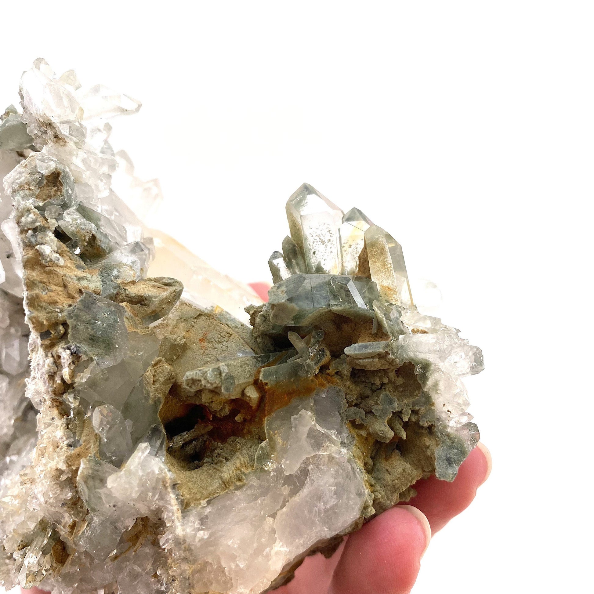 Green phantom quartz cluster (Pakistan) | green phantom quartz, chlorite quartz, green chlorite quartz