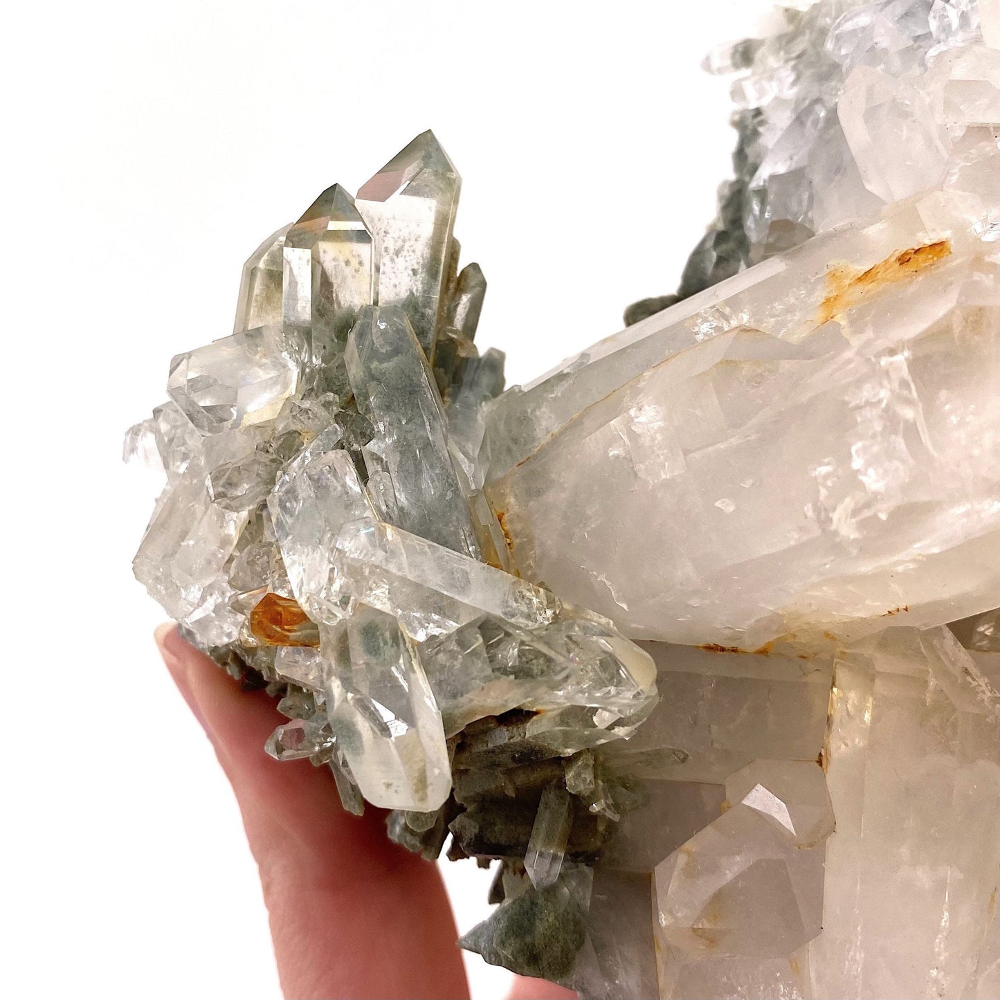 Green phantom quartz cluster (Pakistan) | green phantom quartz, chlorite quartz, green chlorite quartz