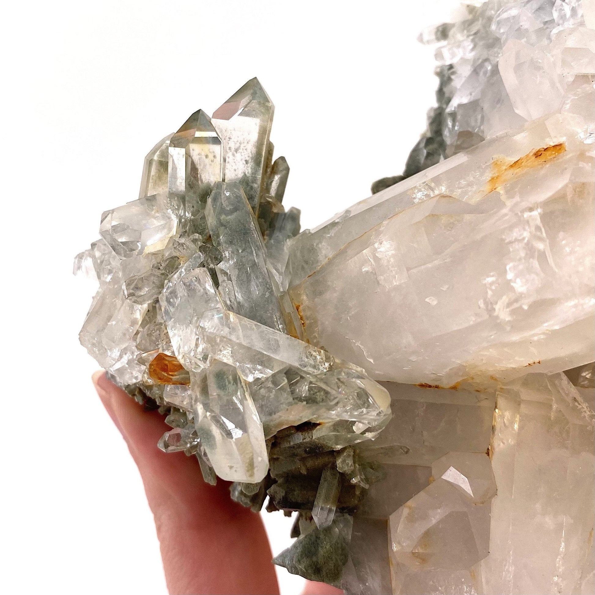 Green phantom quartz cluster (Pakistan) | green phantom quartz, chlorite quartz, green chlorite quartz