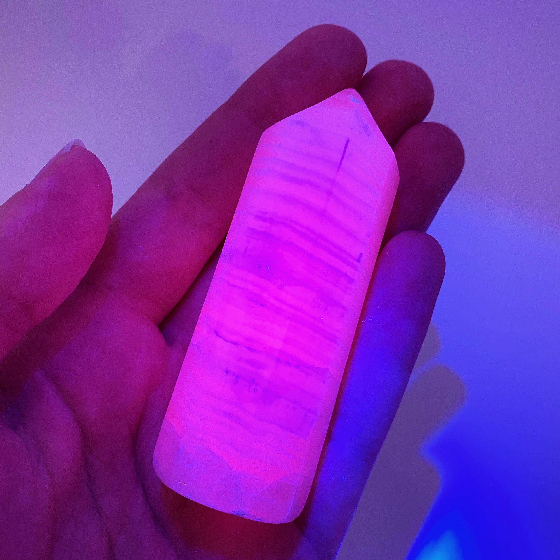 UV-reactive Mangano Calcite Point, mangano calcite tower, crystal point, mangano calcite crystal
