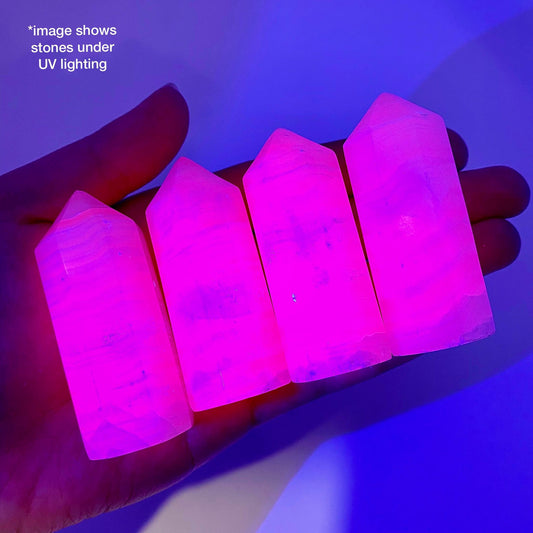 UV-reactive Mangano Calcite Point, mangano calcite tower, crystal point, mangano calcite crystal