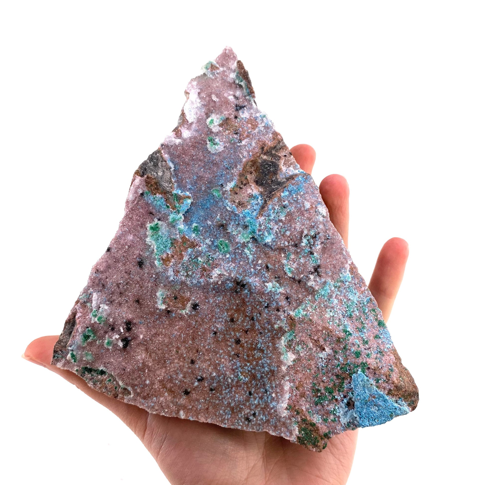Sparkly Cobaltocalcite, Malachite, Heterogenite, & Chrysocolla Specimen (Congo), cobalto calcite, cobaltoan calcite, salrose
