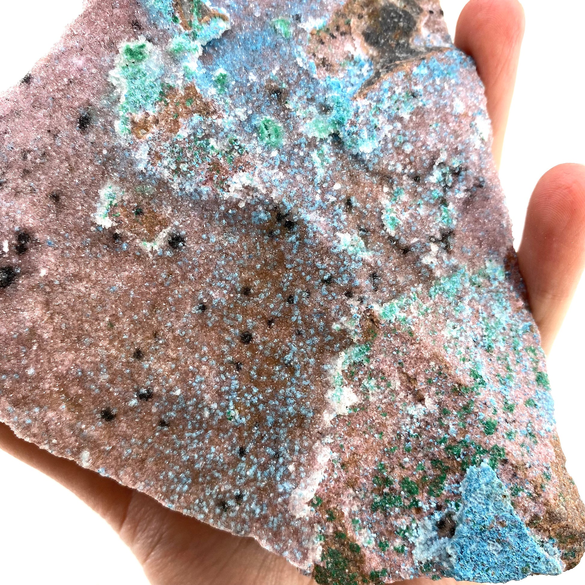 Sparkly Cobaltocalcite, Malachite, Heterogenite, & Chrysocolla Specimen (Congo), cobalto calcite, cobaltoan calcite, salrose