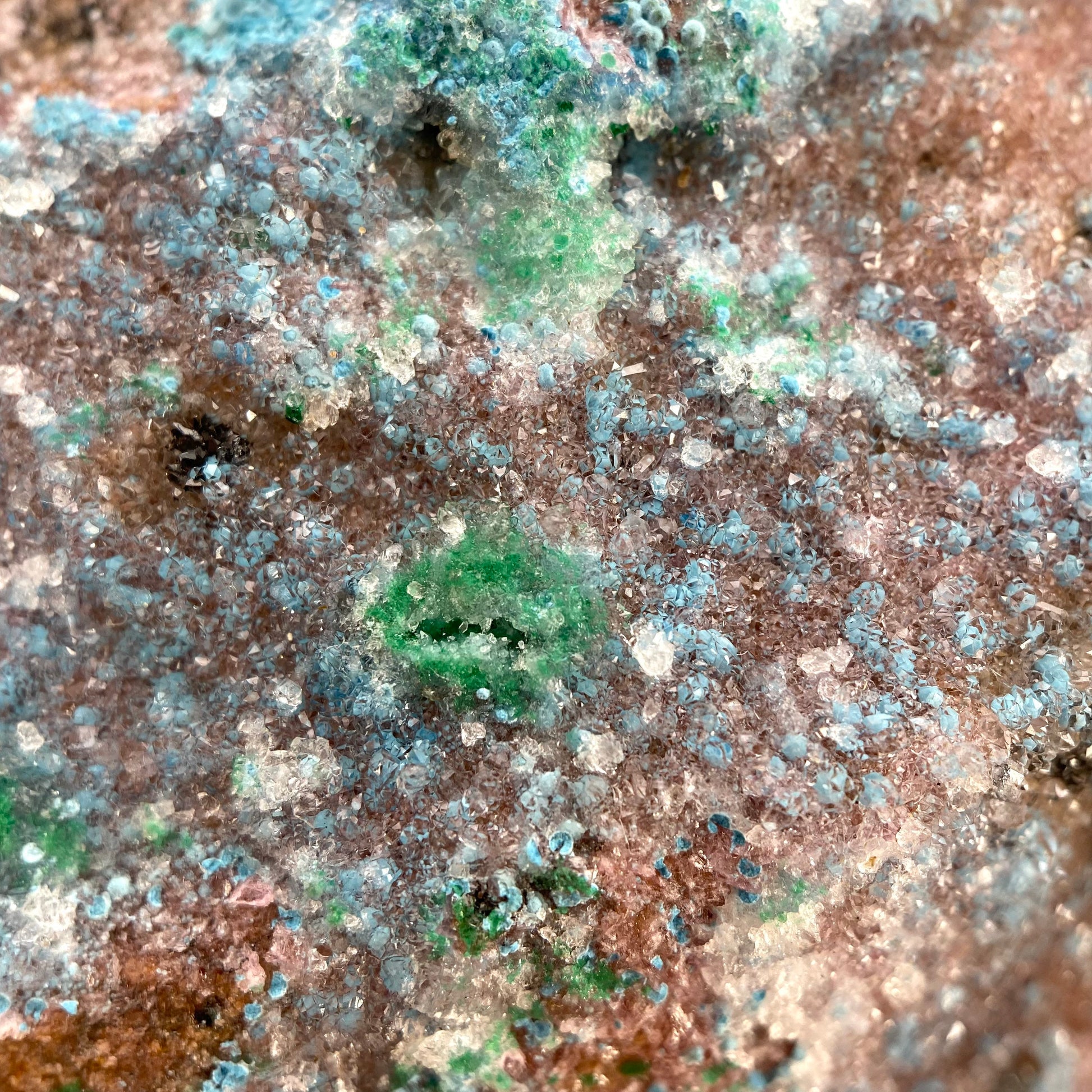 Sparkly Cobaltocalcite, Malachite, Heterogenite, & Chrysocolla Specimen (Congo), cobalto calcite, cobaltoan calcite, salrose