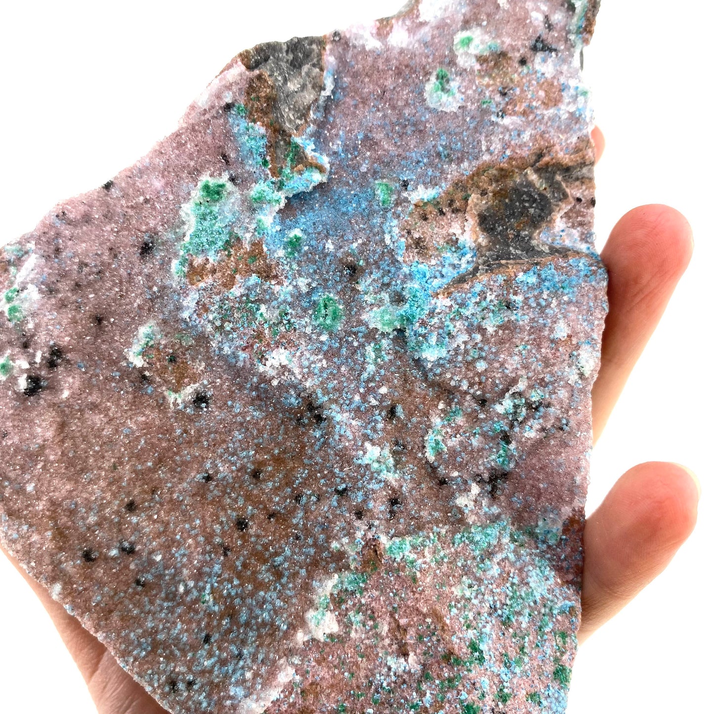 Sparkly Cobaltocalcite, Malachite, Heterogenite, & Chrysocolla Specimen (Congo), cobalto calcite, cobaltoan calcite, salrose