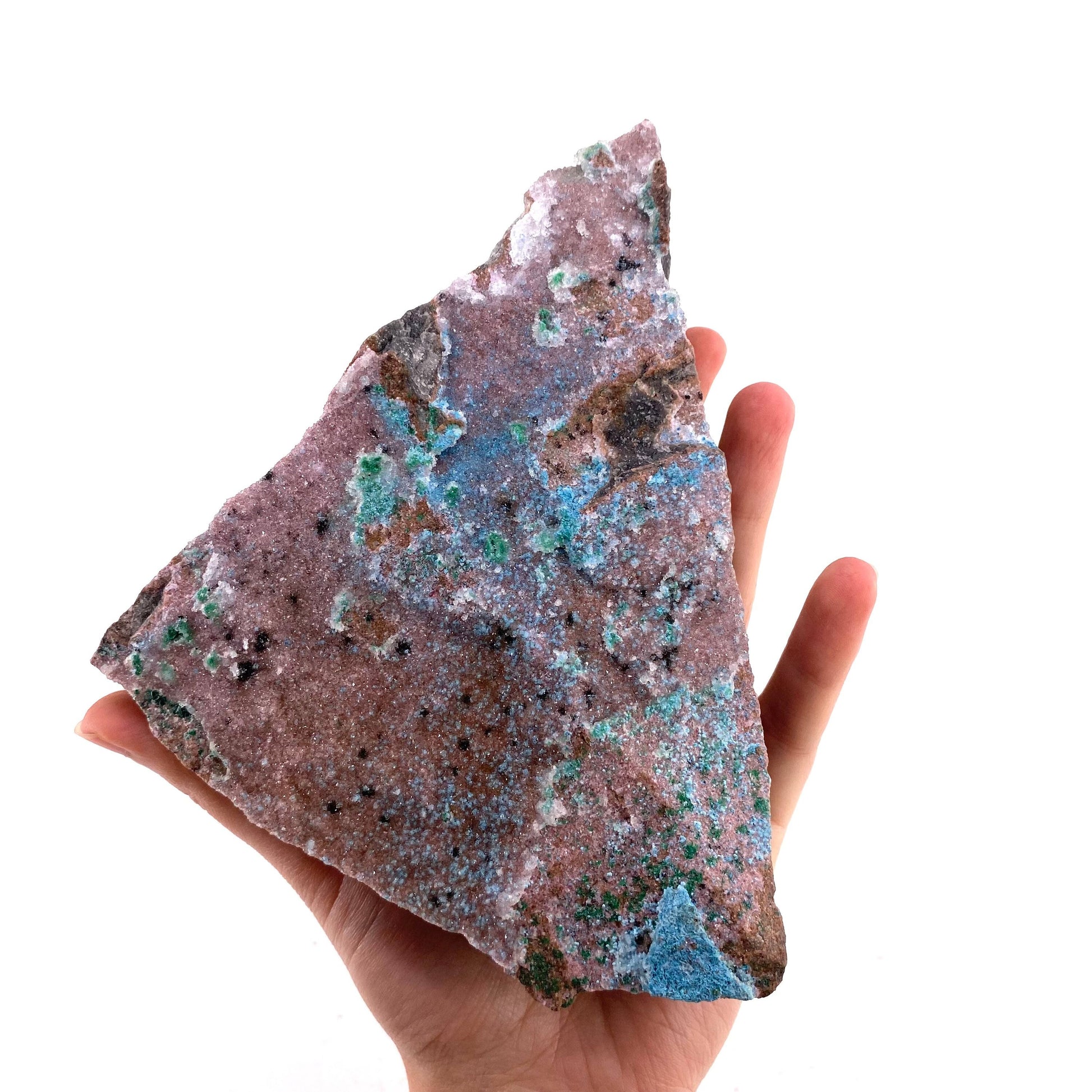 Sparkly Cobaltocalcite, Malachite, Heterogenite, & Chrysocolla Specimen (Congo), cobalto calcite, cobaltoan calcite, salrose