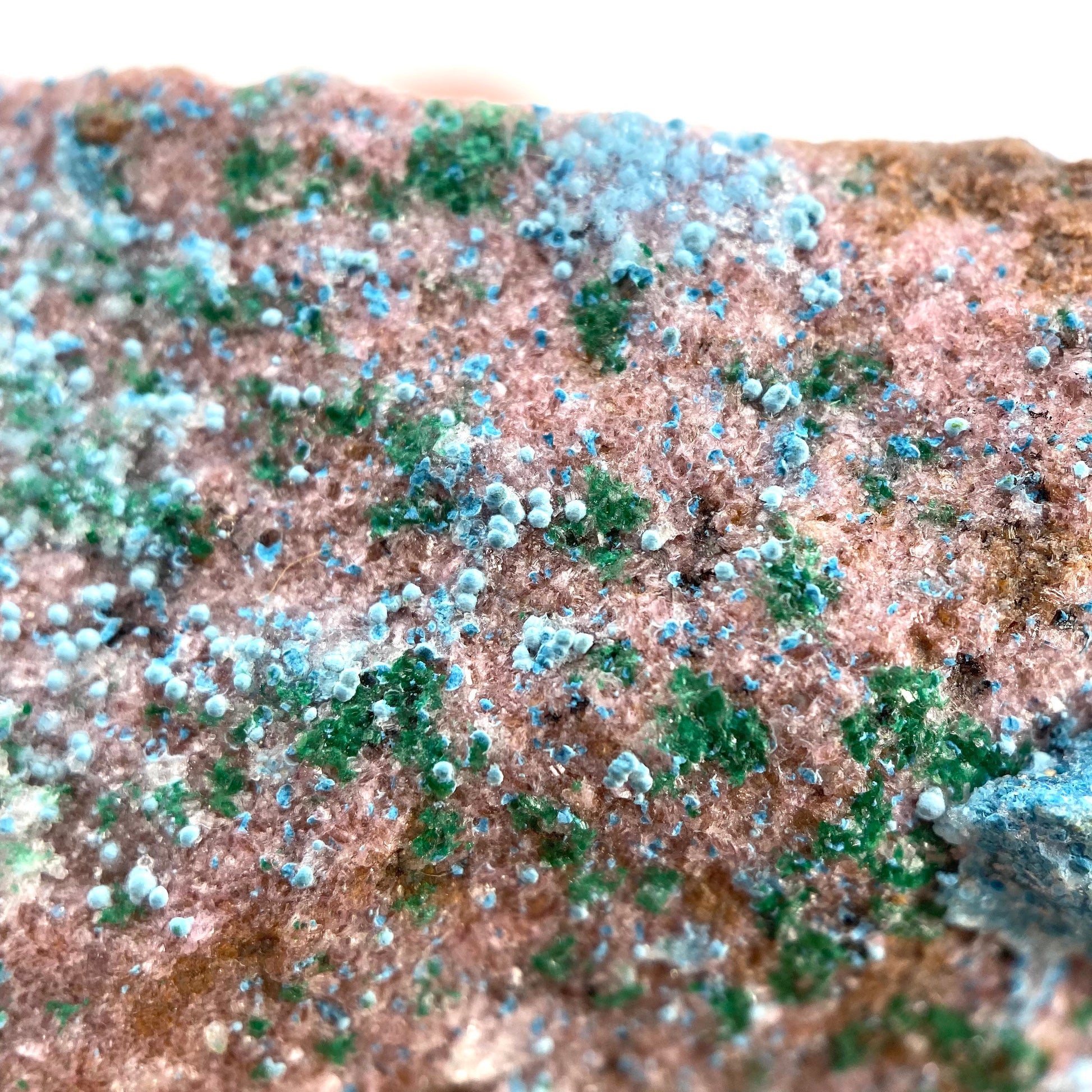Sparkly Cobaltocalcite, Malachite, Heterogenite, & Chrysocolla Specimen (Congo), cobalto calcite, cobaltoan calcite, salrose