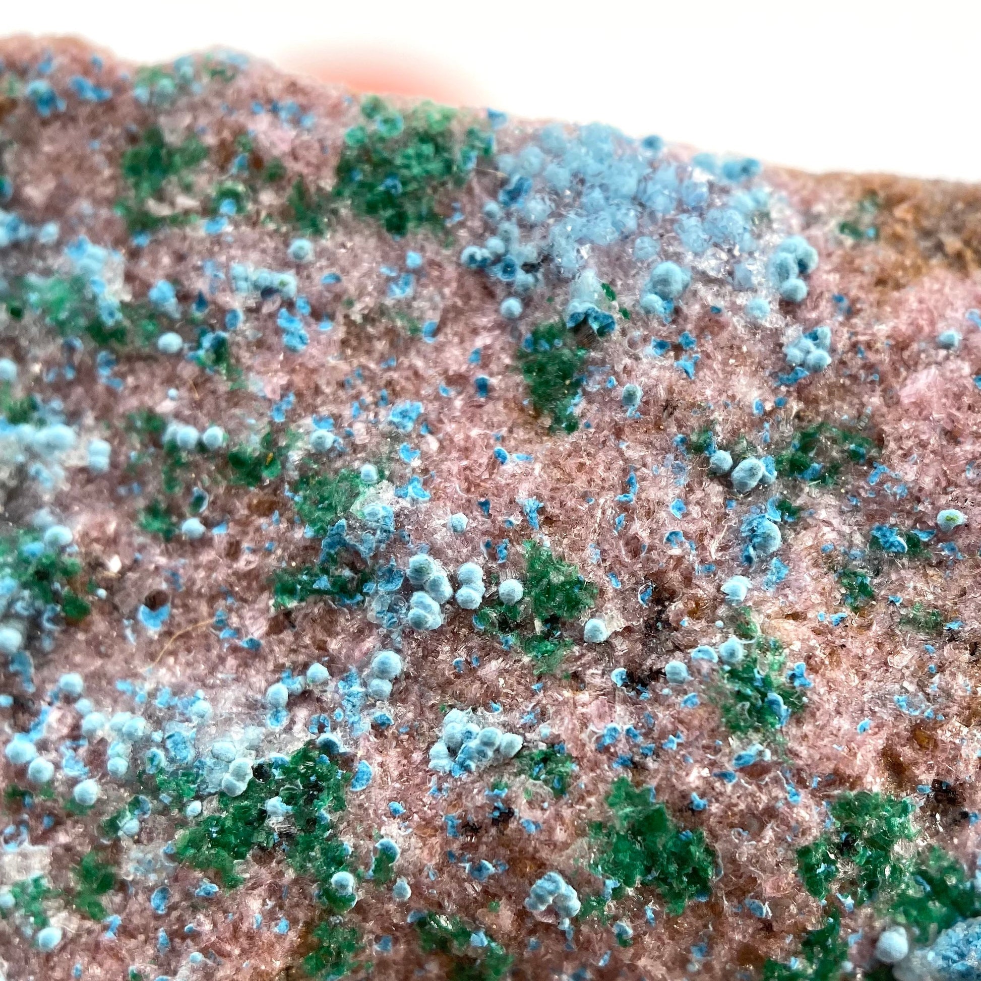 Sparkly Cobaltocalcite, Malachite, Heterogenite, & Chrysocolla Specimen (Congo), cobalto calcite, cobaltoan calcite, salrose
