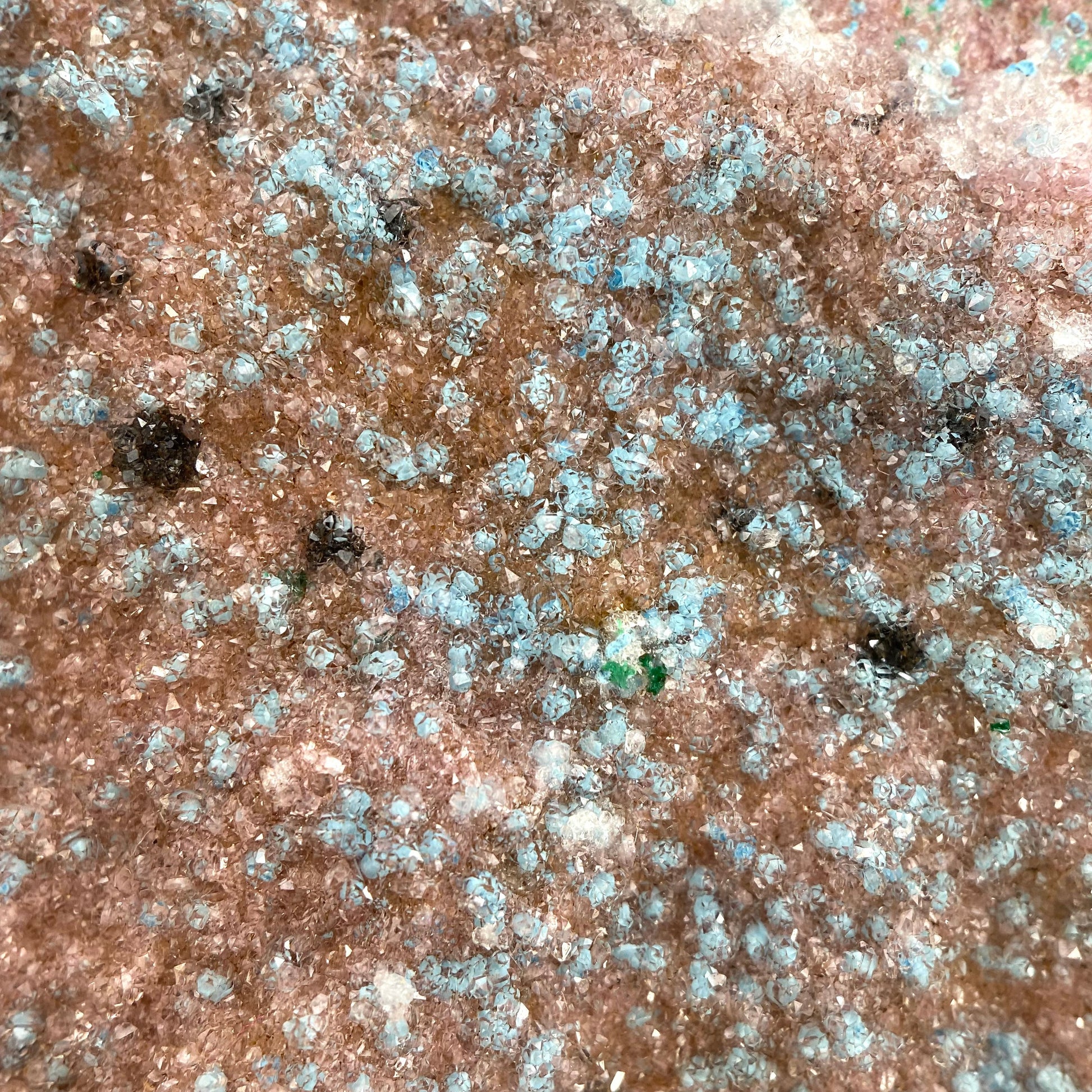Sparkly Cobaltocalcite, Malachite, Heterogenite, & Chrysocolla Specimen (Congo), cobalto calcite, cobaltoan calcite, salrose