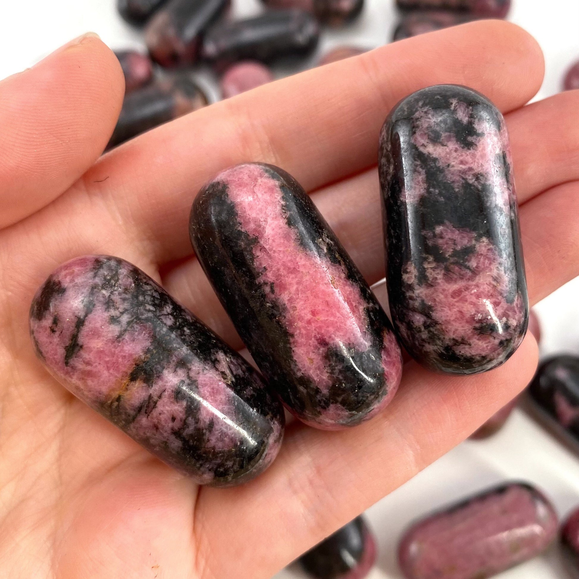 ONE Polished Rhodonite, pink rhodonite, tumbled rhodonite, rhodonite palm stone
