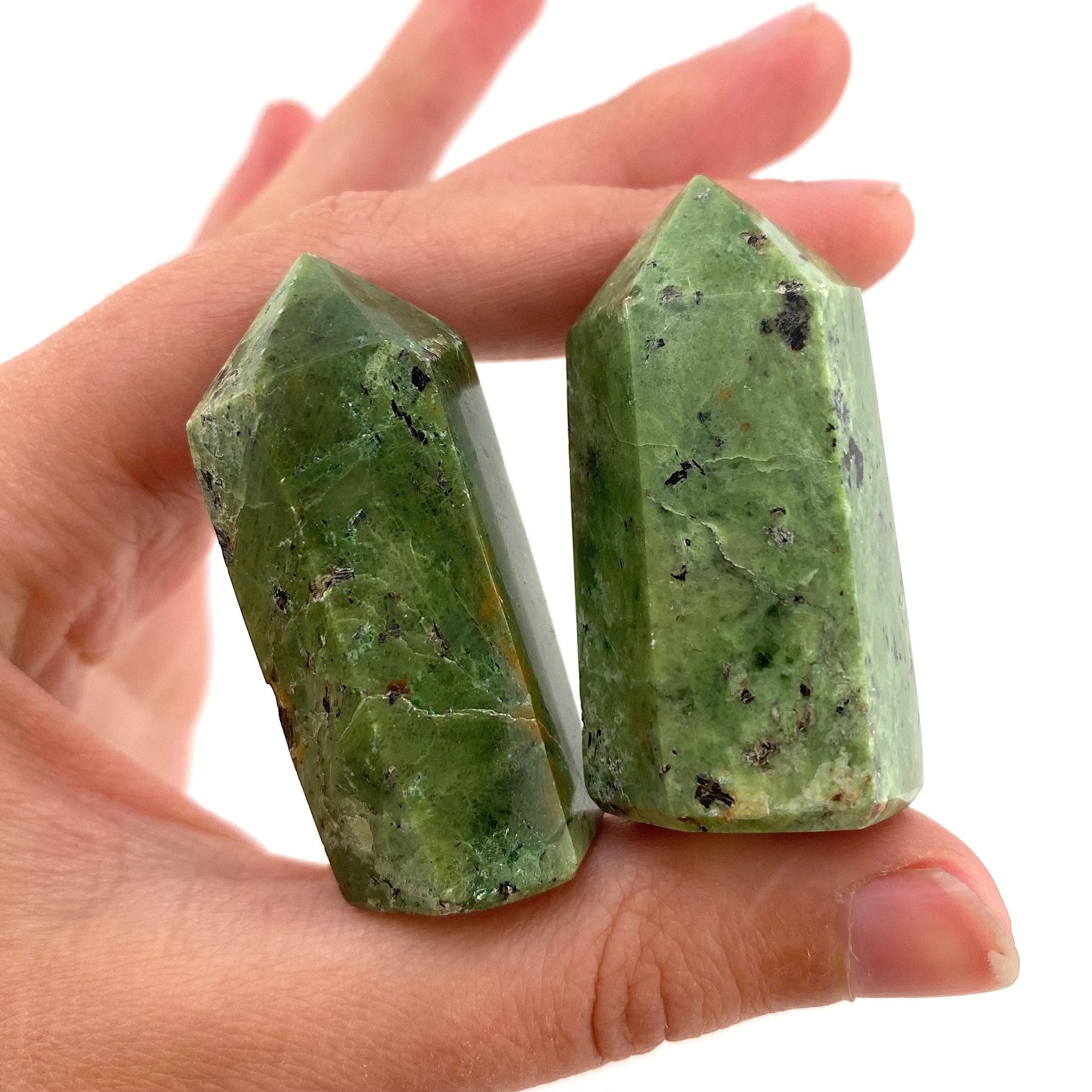 Forest Green Chrysoprase Point, green chrysoprase tower, crystal point, chrysoprase crystal