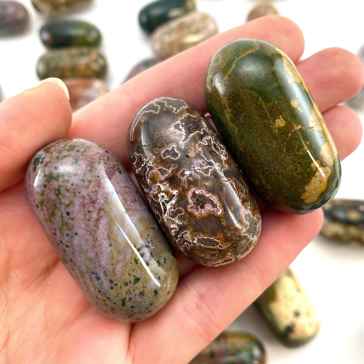 ONE Polished Ocean Jasper, orbicular jasper, tumbled ocean jasper, ocean jasper palm stone