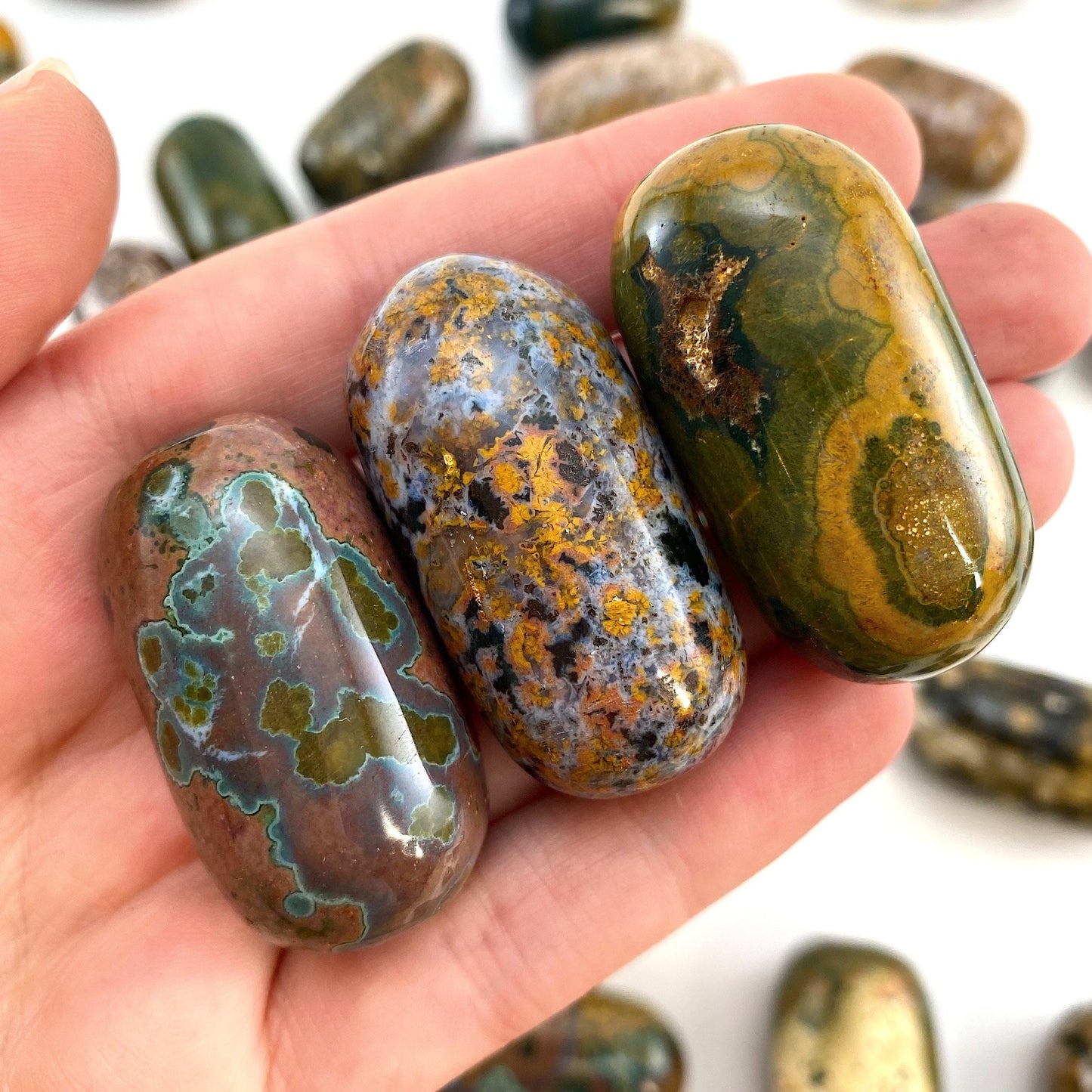 ONE Polished Ocean Jasper, orbicular jasper, tumbled ocean jasper, ocean jasper palm stone