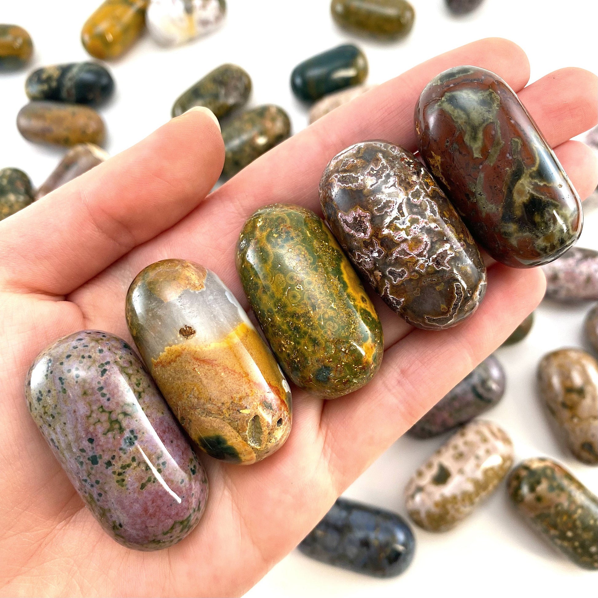 ONE Polished Ocean Jasper, orbicular jasper, tumbled ocean jasper, ocean jasper palm stone