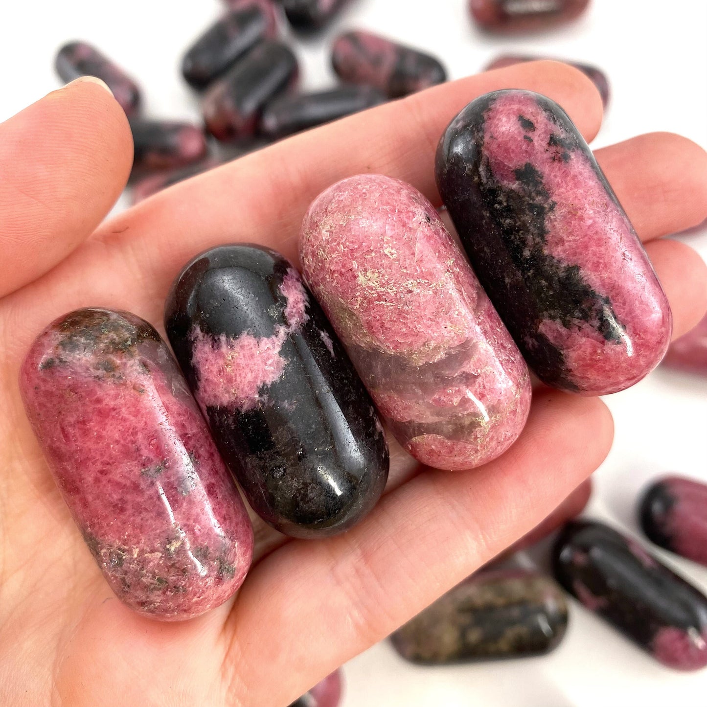 ONE Polished Rhodonite, pink rhodonite, tumbled rhodonite, rhodonite palm stone