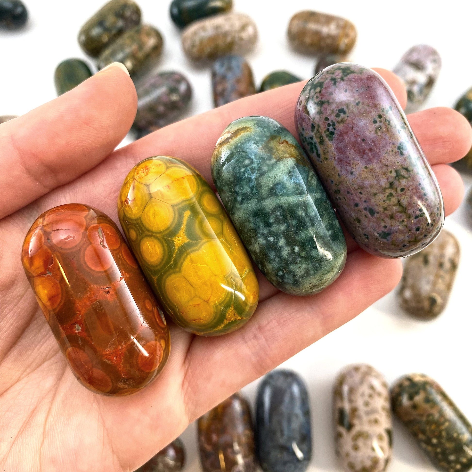 ONE Polished Ocean Jasper, orbicular jasper, tumbled ocean jasper, ocean jasper palm stone