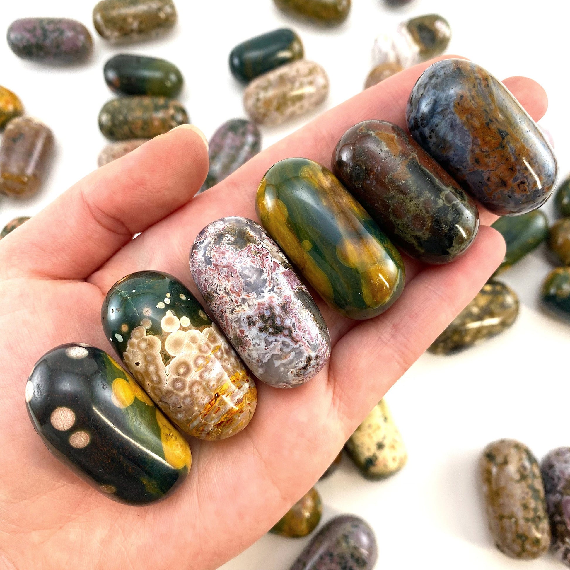 ONE Polished Ocean Jasper, orbicular jasper, tumbled ocean jasper, ocean jasper palm stone