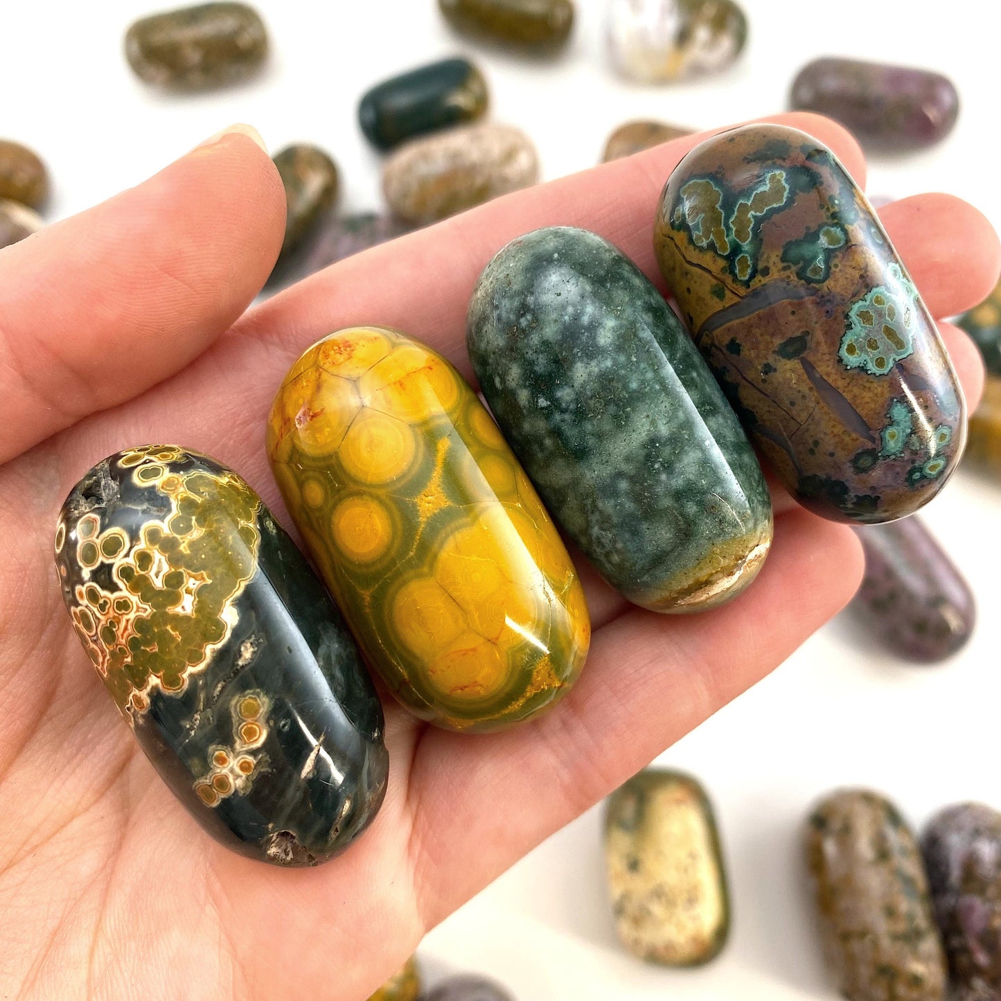ONE Polished Ocean Jasper, orbicular jasper, tumbled ocean jasper, ocean jasper palm stone
