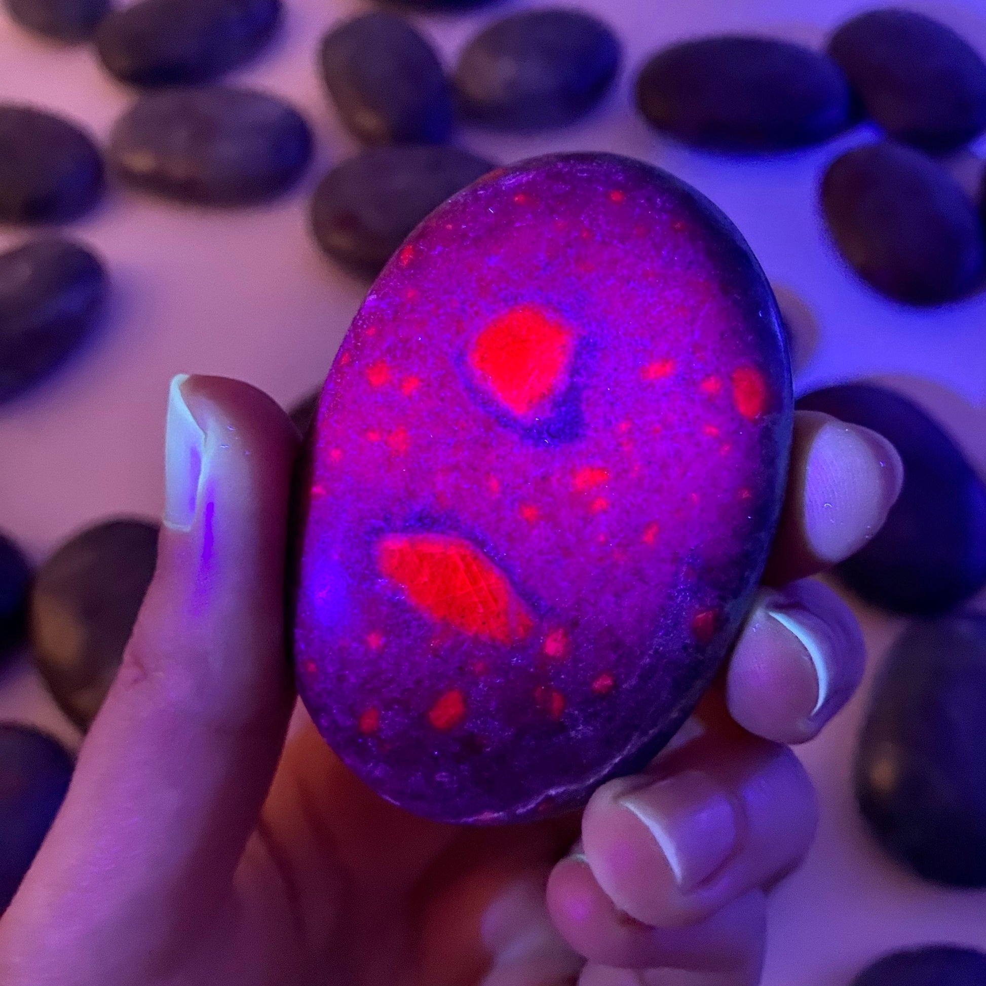 Ruby in Kyanite Palm Stone (UV Reactive) | Ruby Kyanite palmstone, polished Kyanite, crystal palm stone